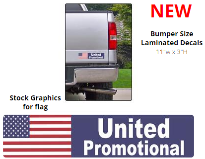 Bumper size laminated decal with stock american flag graphics, 3" x 11", full color