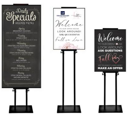 Metal Retail stands 44"h x 2" x 10.4" Black, adjustable for different size signs, rust proof, holds 2 signs, easy to assemble