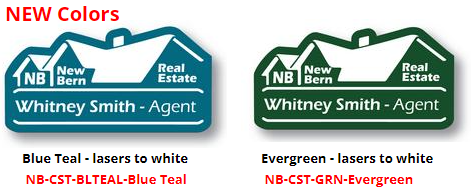 NB-CST plastic name badges 3" x 2" custom shapes - Blue Teal color laser etches to white, magnet finding on backs, USPS shipping included