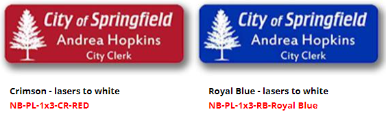 NB-PL plastic name badges 3" x 1" - Red & Royal blue each laser etch to white, magnet finding on backs, USPS shipping included