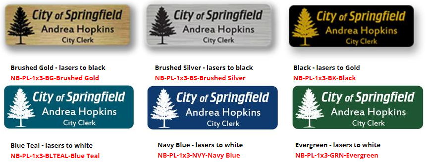 NB-PL plastic name badges 3" x 1" -Brushed Gold laser etches to black, brushed silver laser etches to black, Black laser etches to gold, magnet finding on backs, USPS shipping included