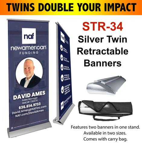 Silver Twin Retractable 34" banner-2 banners included with stand