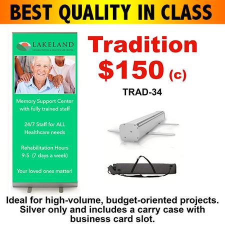 TRAD-34" retractable banner stand, best price, silver, under $100 net