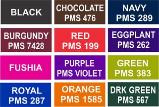 swatch colors for Non-fitted tablecloths, black, Brown PMS 476, Navy PMS 289, Burgundy PMS 7428, Red PMS 199, Eggplant PMS 262, Fushia, Purple PMS Violet, Green PMS 383, Royal PMS 287, Orange PMS 1585, Dark Green PMS 567